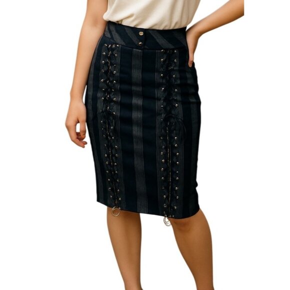Black Orchid Dresses & Skirts - Y2K Black Orchid Black Striped Lace-Up Pencil Skirt Whimsigoth Punk Size XS